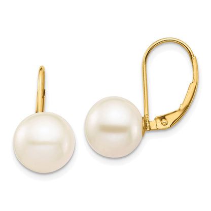 14k Yellow Gold 9-10mm White Freshwater Cultured Pearl Dangle Earrings Leverback