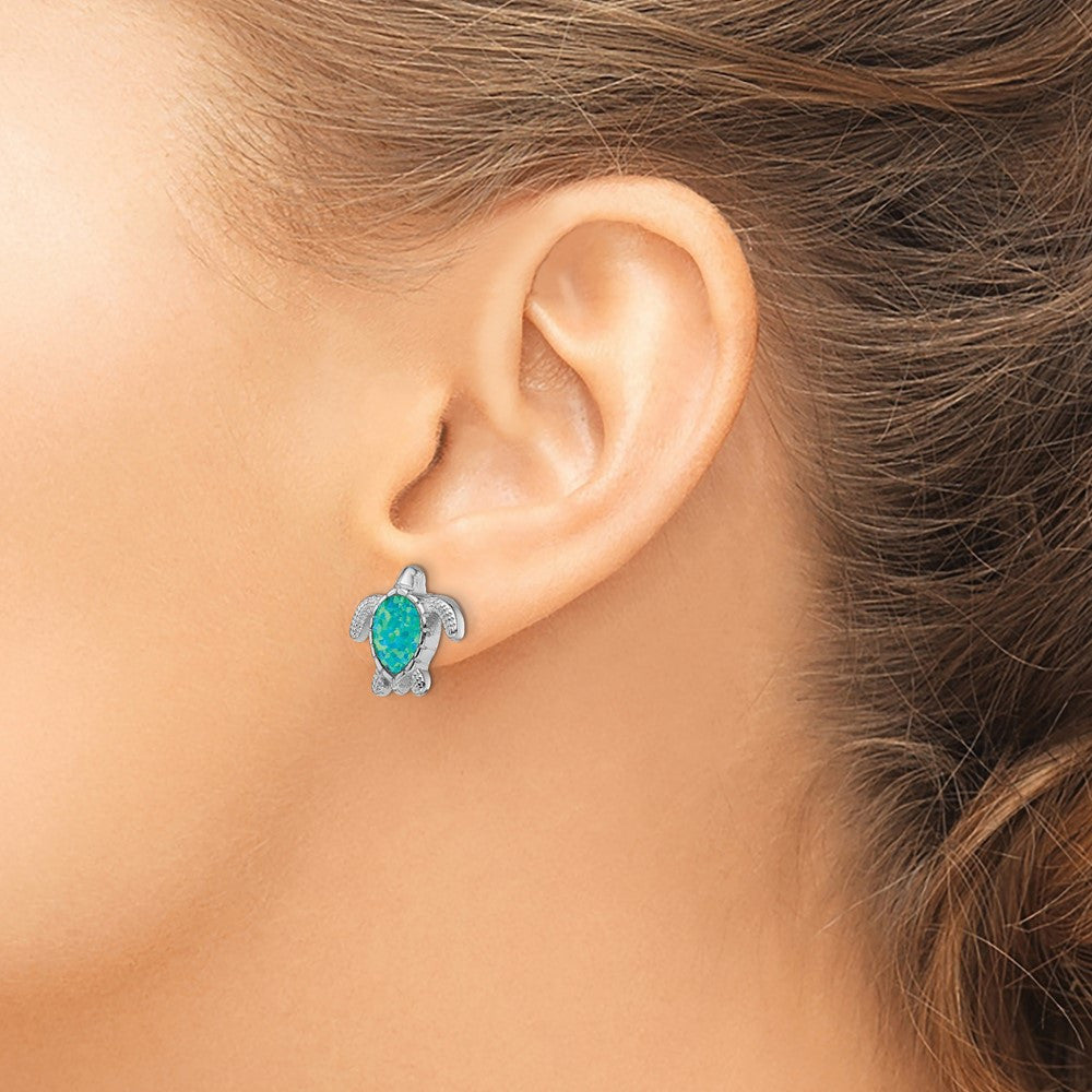 Sterling Silver Rhodium-plated Polished Green Created Opal Turtle Stud Earrings