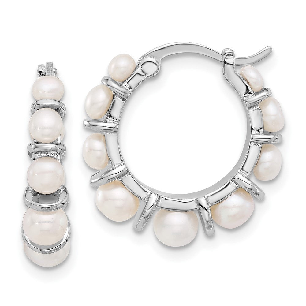 Sterling Silver Rhodium-plated Button Freshwater Cultured Pearl Hoop Earrings