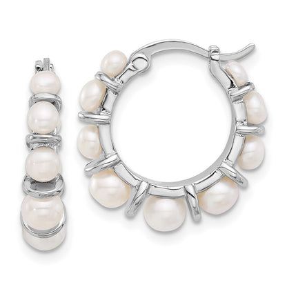 Sterling Silver Rhodium-plated Button Freshwater Cultured Pearl Hoop Earrings