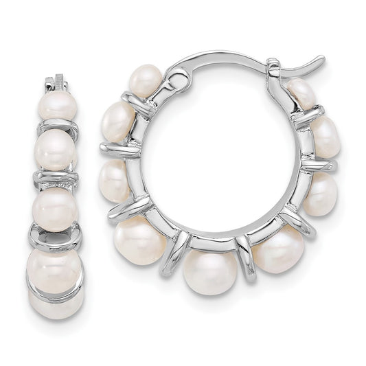 Sterling Silver Rhodium-plated Button Freshwater Cultured Pearl Hoop Earrings