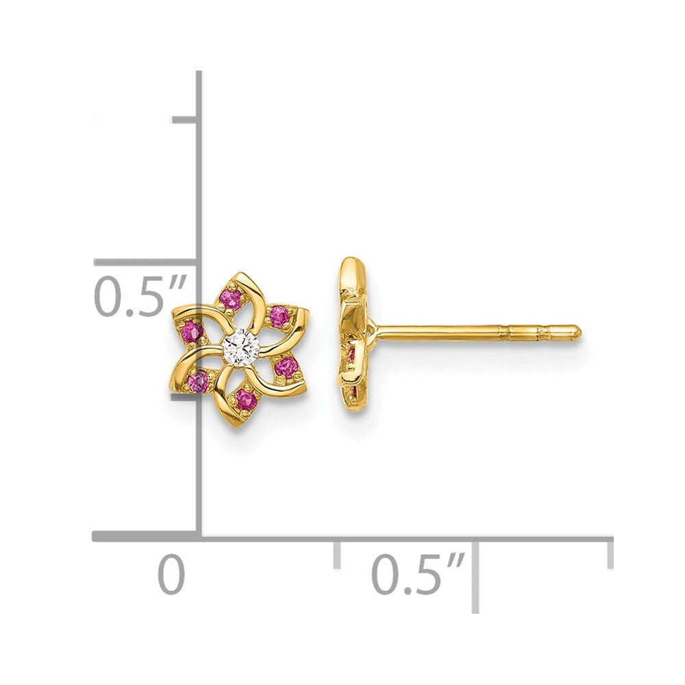14k Yellow Gold Polished Red and White CZ Flower Button Stud Earrings