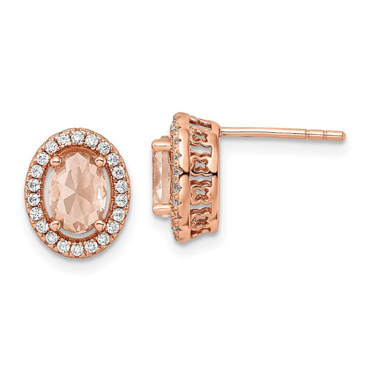Sterling Silver Rose-tone Polished Pink & White CZ Oval Button Stud Earrings