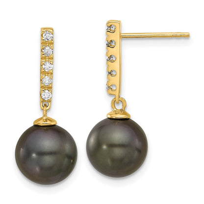 14k Yellow Gold Black Tahitian Saltwater Cultured Pearl Diamond Dangle Earrings