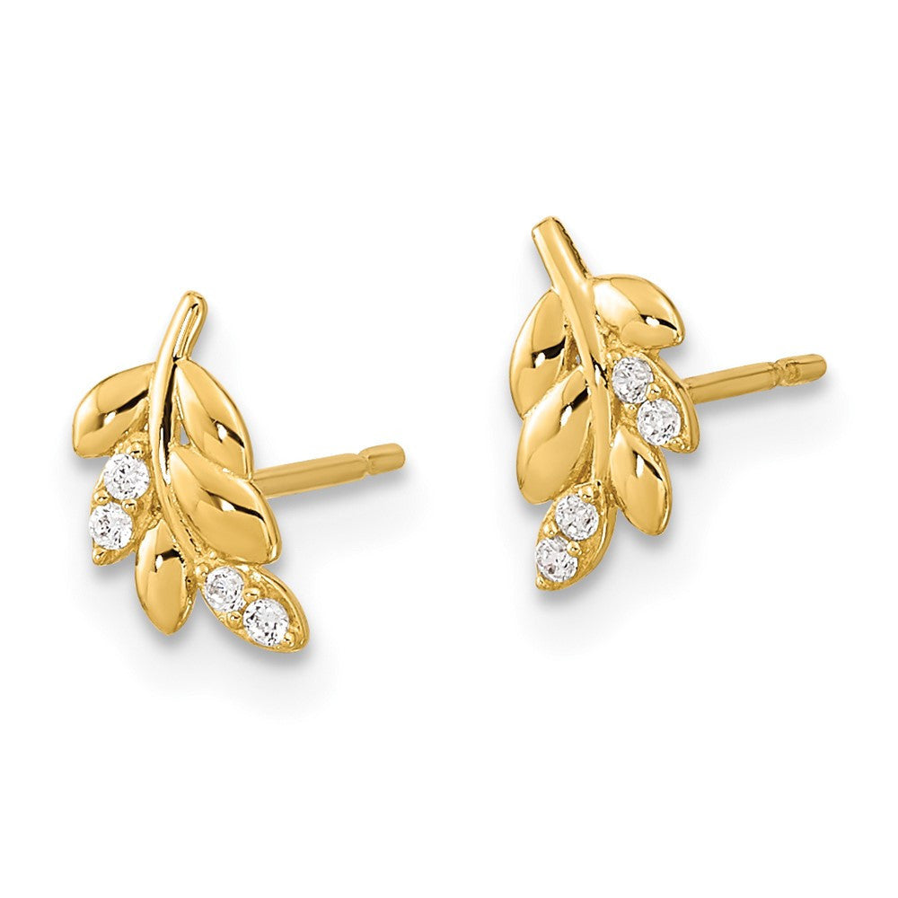 14k Yellow Gold Kids CZ Fern Leaf Button Stud Earrings