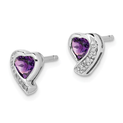 Sterling Silver Rhodium-plated Amethyst and Diamond Heart Button Stud Earrings