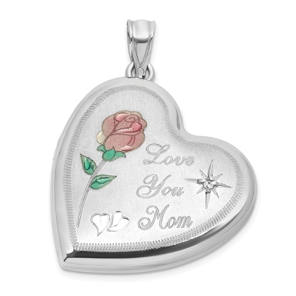 Sterling Silver Brushed Diamond And Enameled Rose MOM 24mm Heart Locket