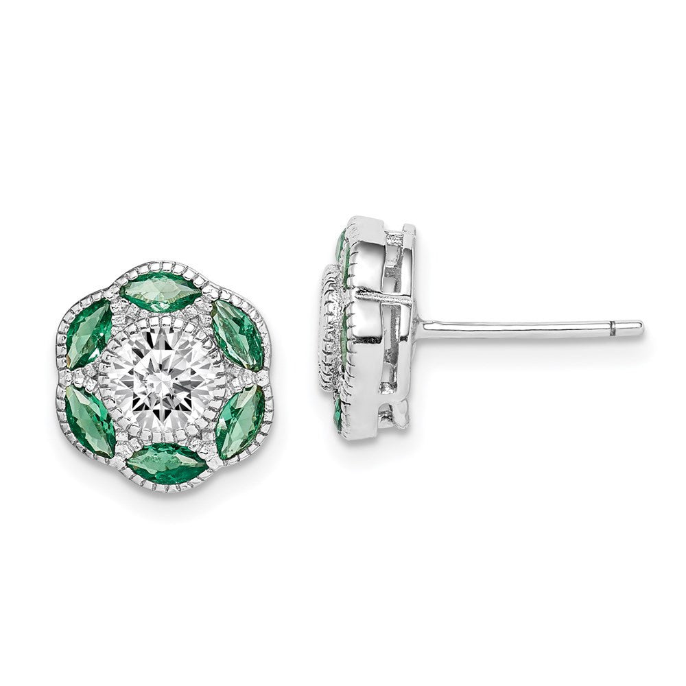 Sterling Silver Rhodium-plated Lab Cr. Green Spineland CZ Button Stud Earrings