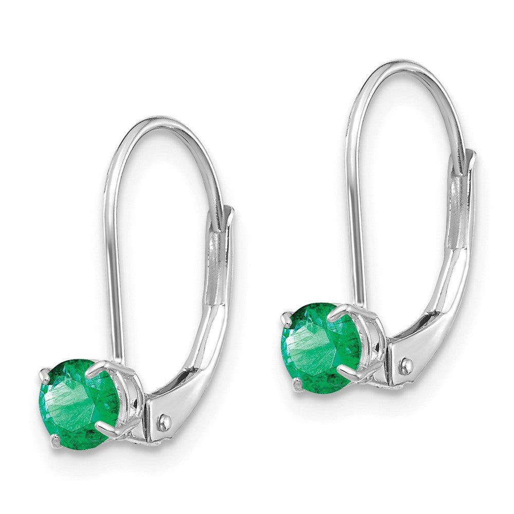 14k White Gold 4mm Round May/Emerald Leverback Dangle Earrings