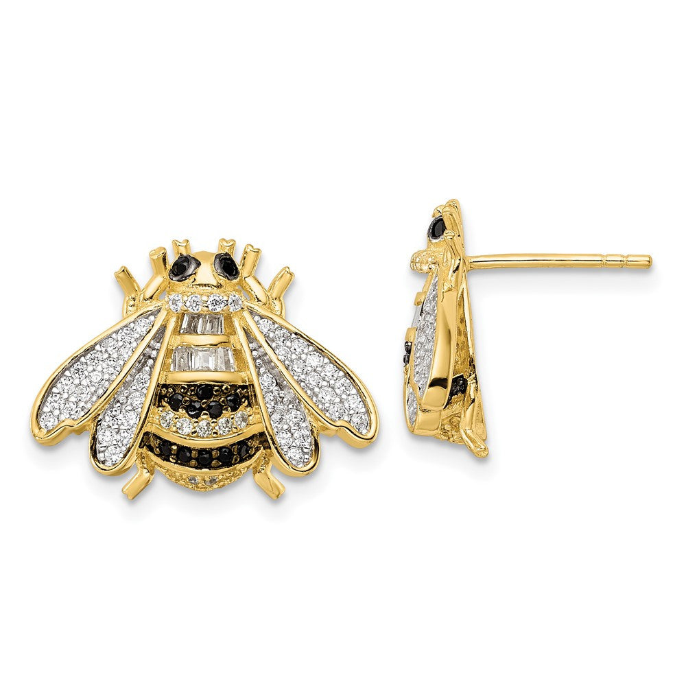 Sterling Silver Blk/White RH-plated Gold Tone CZ Bumblebee Button Stud Earrings