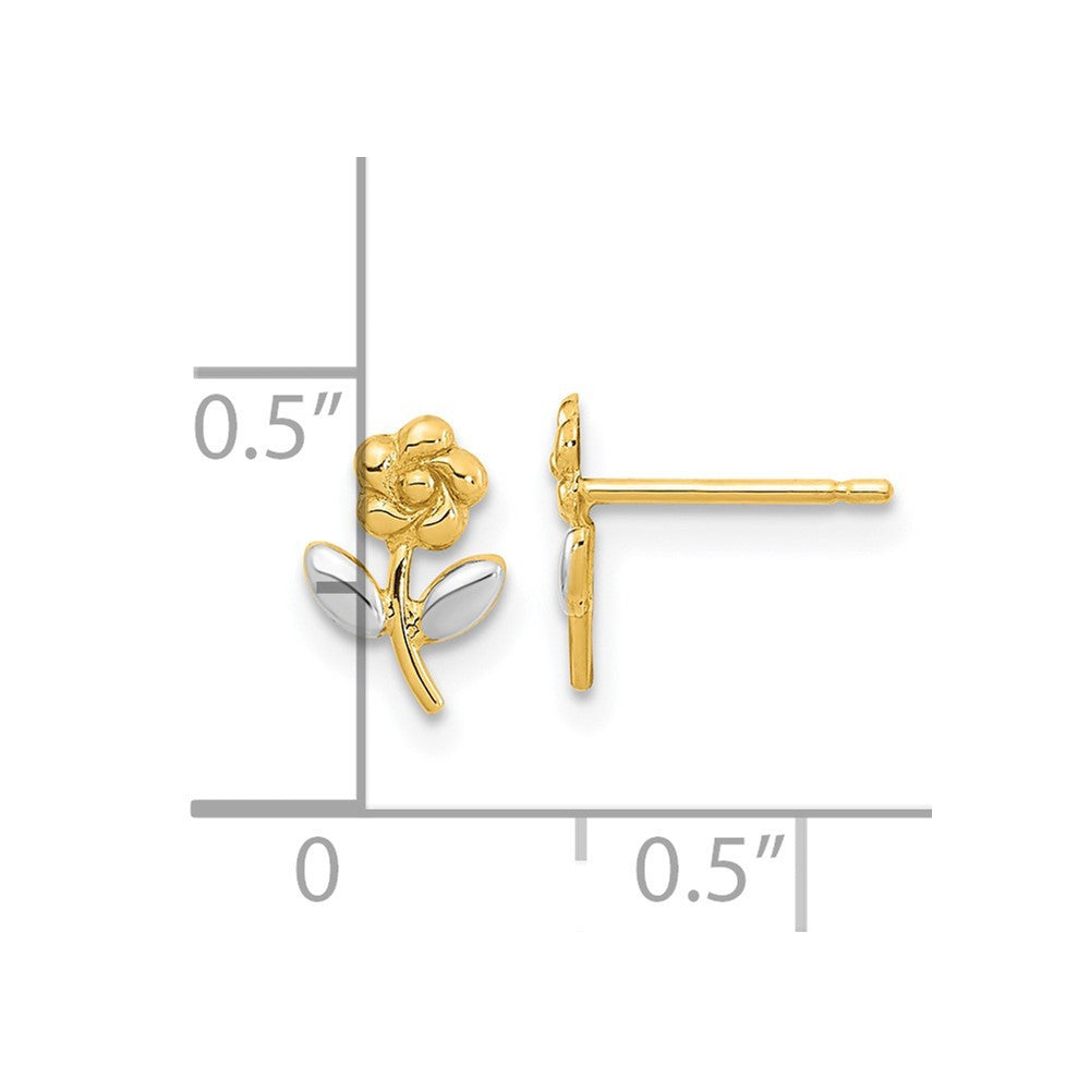 14k Yellow Gold and Rhodium Flower Button Stud Earrings