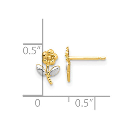 14k Yellow Gold and Rhodium Flower Button Stud Earrings