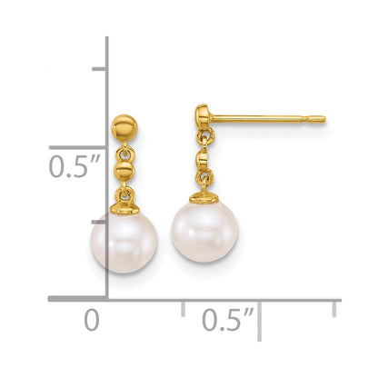 14k Yellow Gold Polished 6-7mm Round Freshwater Cultured Pearl Dangle Earrings