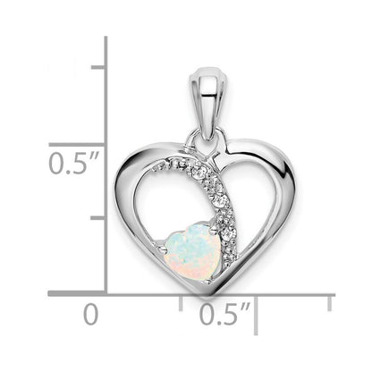 14k White Gold Created Opal and Diamond Heart Pendant