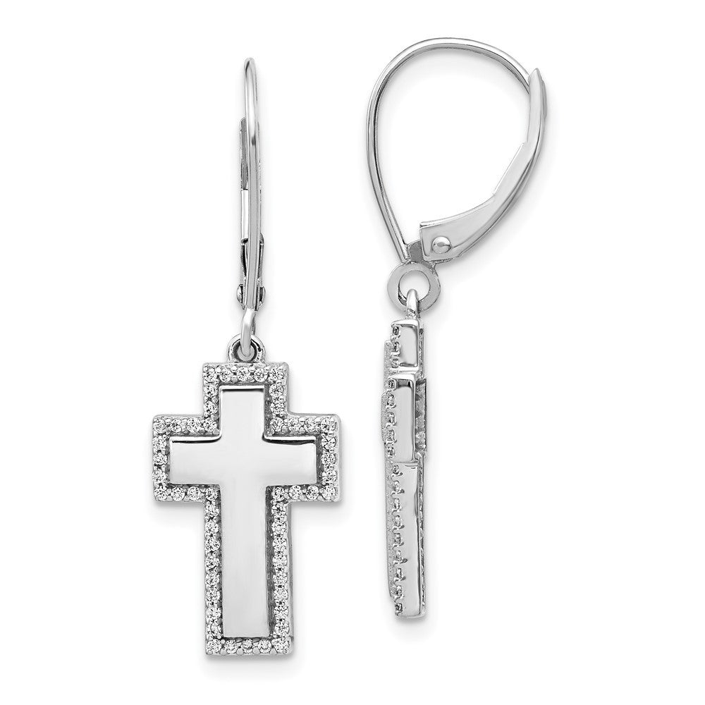 14k White Gold Diamond Fancy Cross Leverback Drop & Dangle Earrings