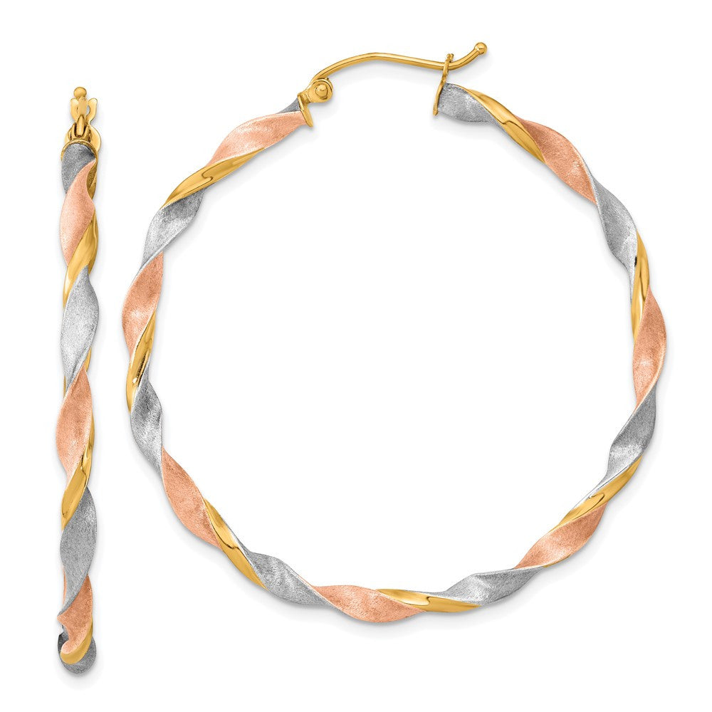 14k Yellow Gold White & Rose Rhodium Satin Twisted Hoop Earrings