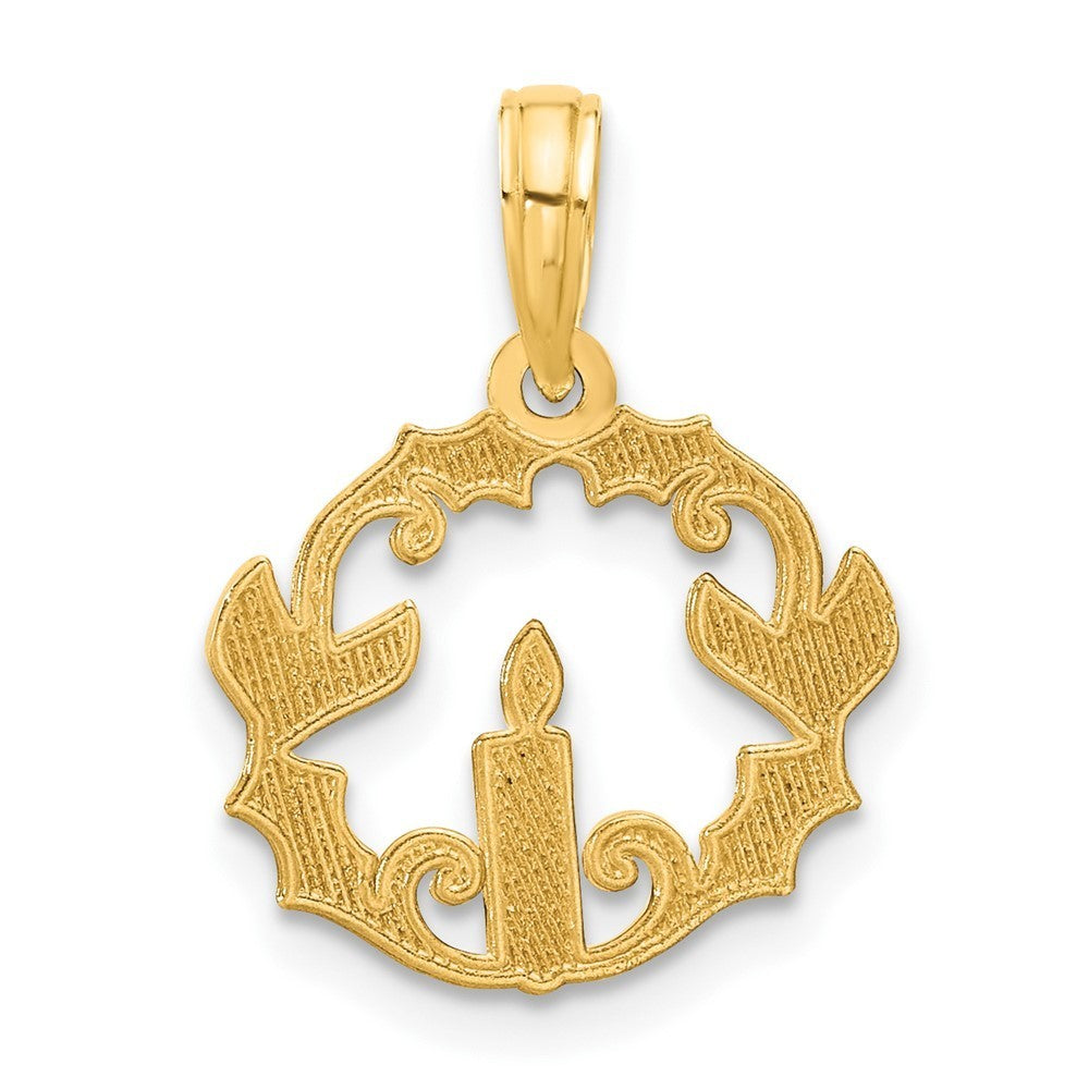 14k Yellow Gold Polished Candle with Holly Circle Pendant