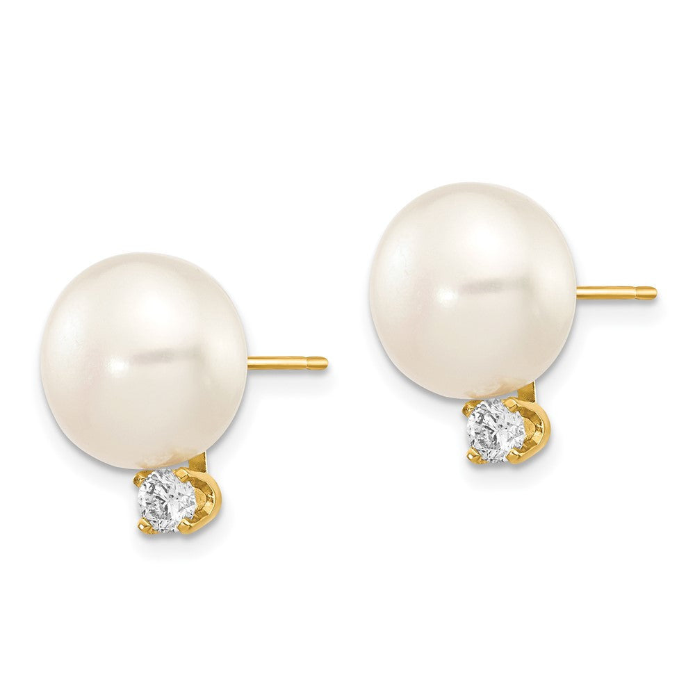 14k Yellow Gold 11mm Button Freshwater Cultured Pearl & Diamond Stud Earrings