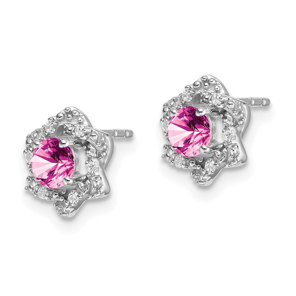 14k White Gold Created Pink Sapphire and Diamond Button Stud Earrings