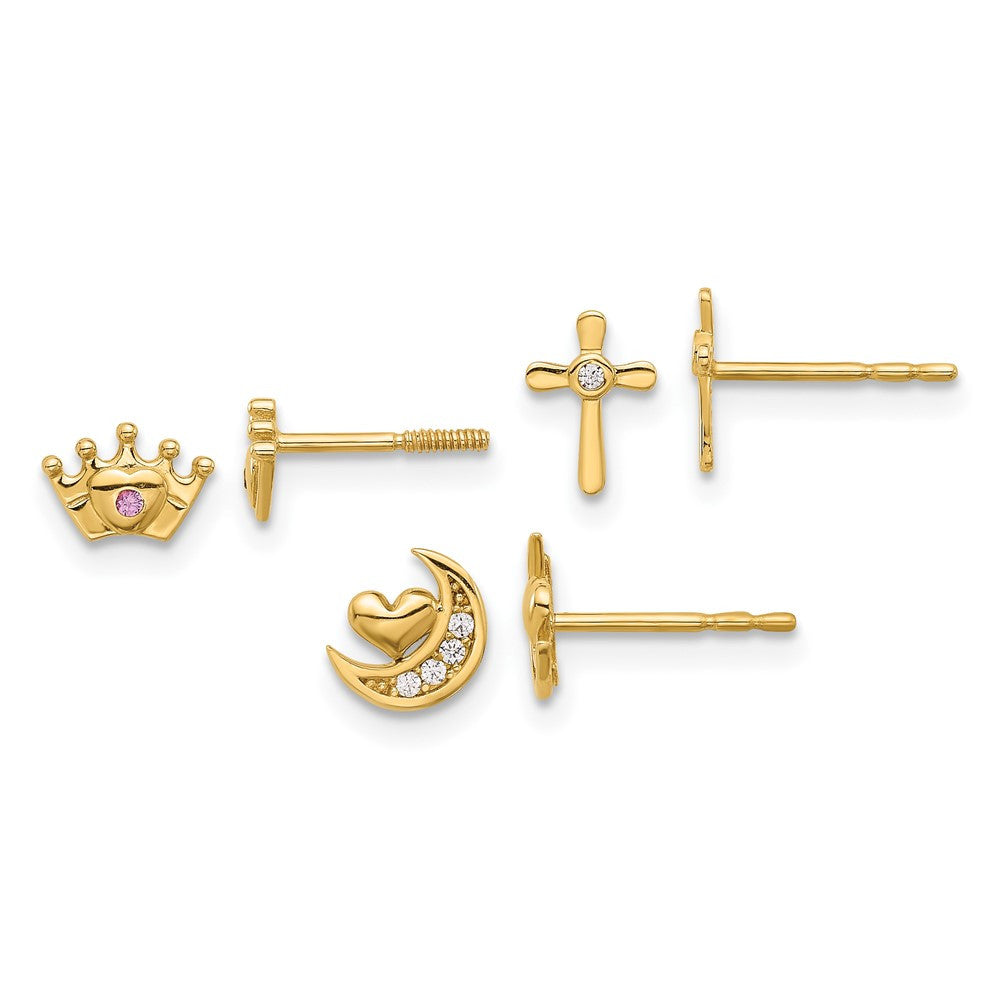 14k Yellow Gold Polished CZ Moon Cross and Crown Earring Set