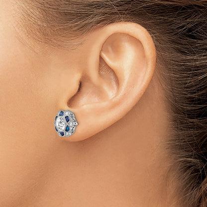 Sterling Silver Rhodium-plated Blue Spinel and CZ Flower Button Stud Earrings