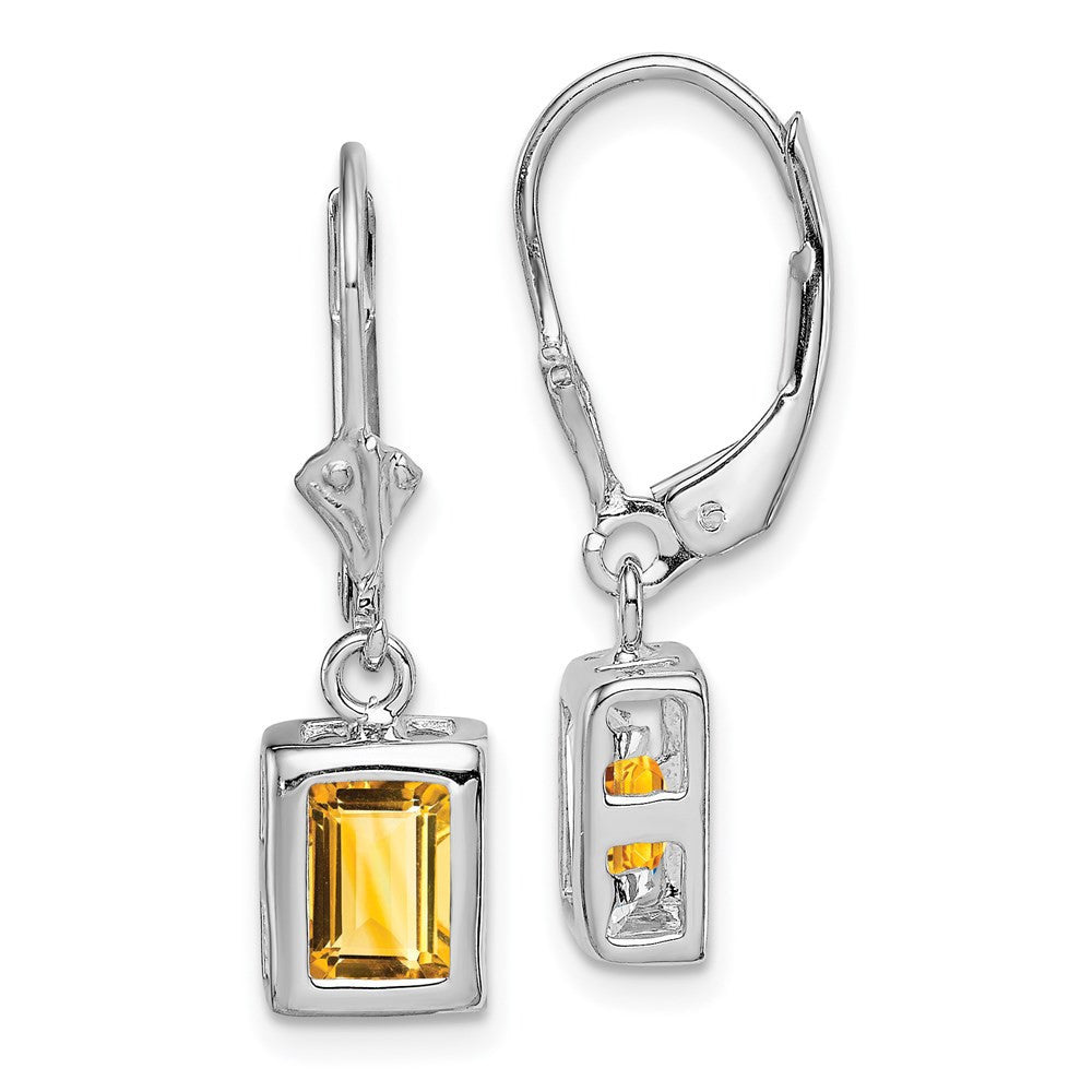 Sterling Silver Rhodium Plated 7x5 Emerald Cut Citrine Leverback Dangle Earrings