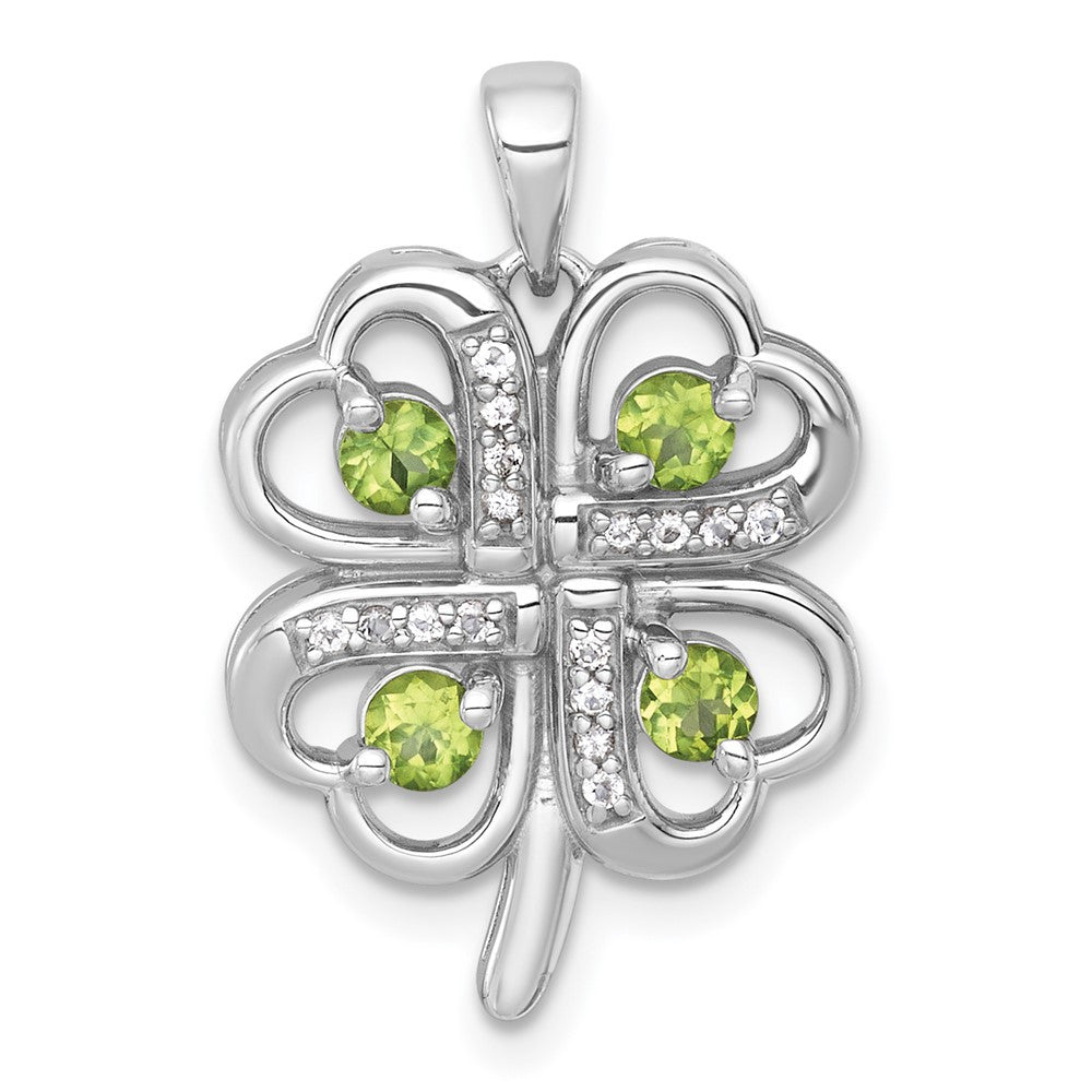 Sterling Silver Rhodium Polished Peridot and White Topaz 4-Leaf Clover Pendant