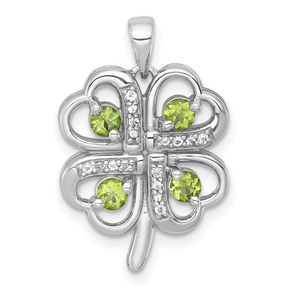 Sterling Silver Rhodium Polished Peridot and White Topaz 4-Leaf Clover Pendant