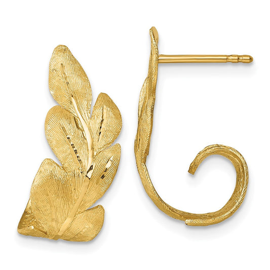 14k Yellow Gold Brushed And Textured Curled Leaf Hoop Earrings