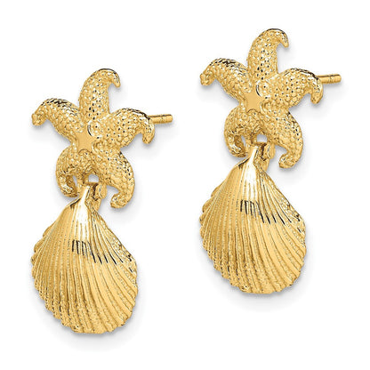 14k Yellow Gold Starfish /Scallop Shell Dangle Earrings