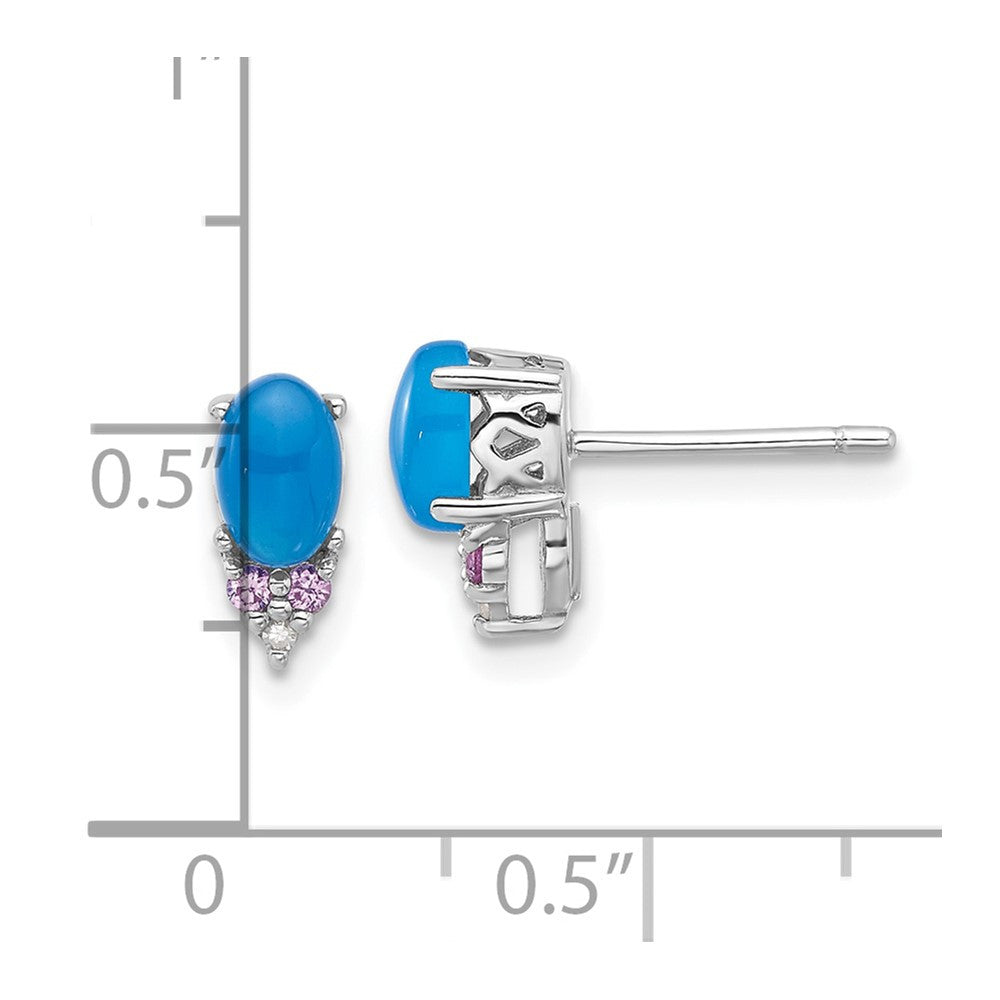 Sterling Silver Rh-plate Blue Onyx .08 Cr.Pink Sapphire/Dia. Stud Earrings