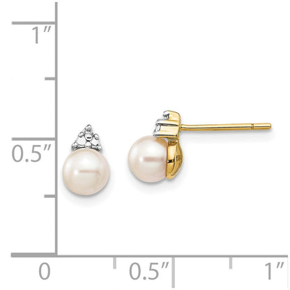 14k Yellow Gold 5-6mm White Round FWC Pearl .01ct Diamond Stud Earrings