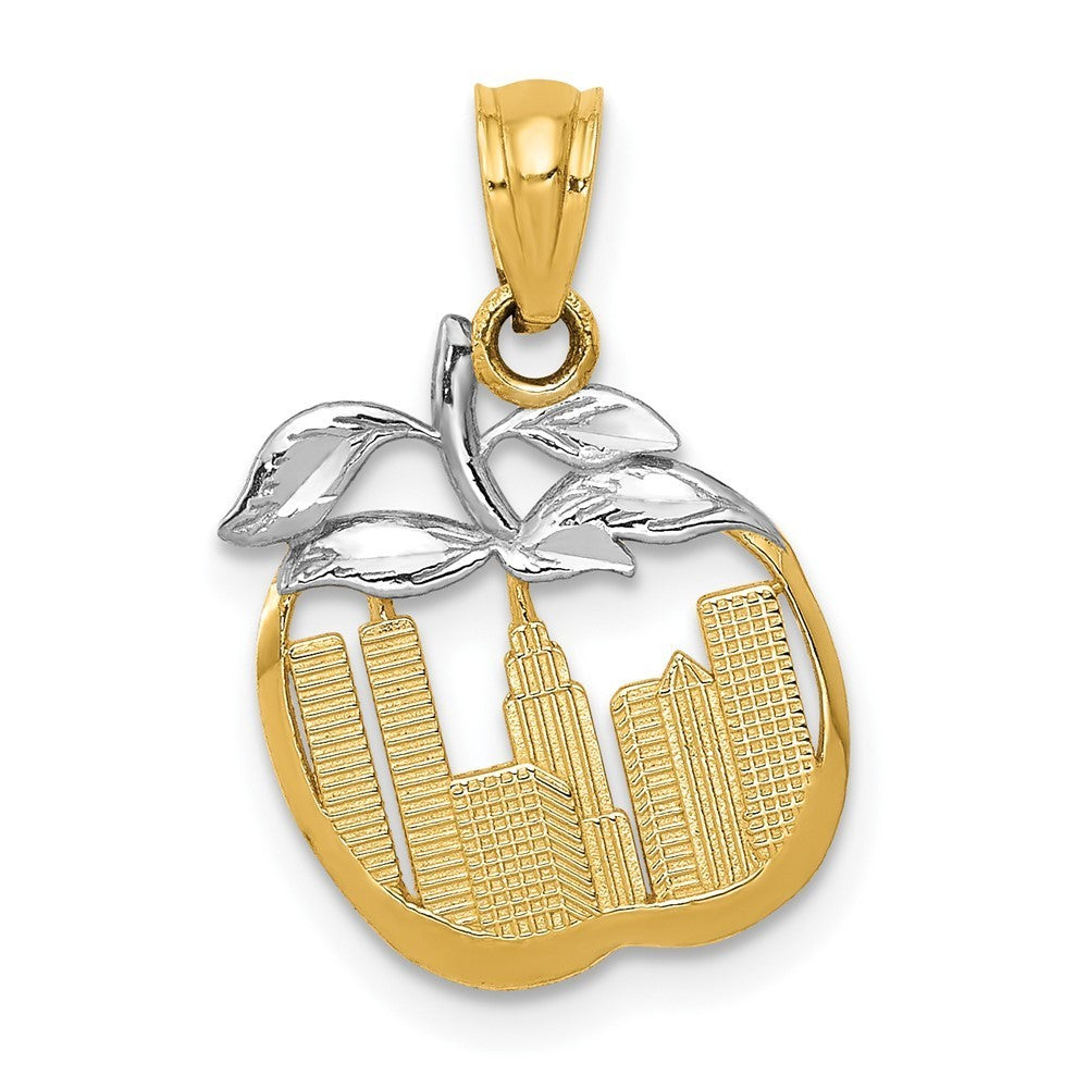 14k Yellow Gold with White Rhodium Cut-out New York Skyline in Apple Pendant