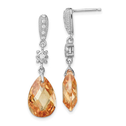 Sterling Silver Polished & Textured Champagne & White CZ Tear Dangle Earrings