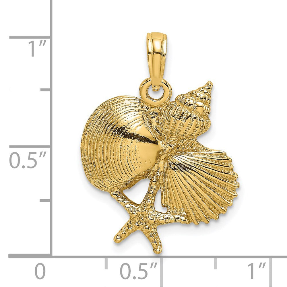 14k Yellow Gold Textured Shell Cluster and Starfish Charm Pendant