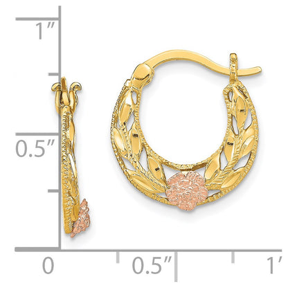 14k Two-tone Gold Diamond-Cut Flowers Hoop Earrings