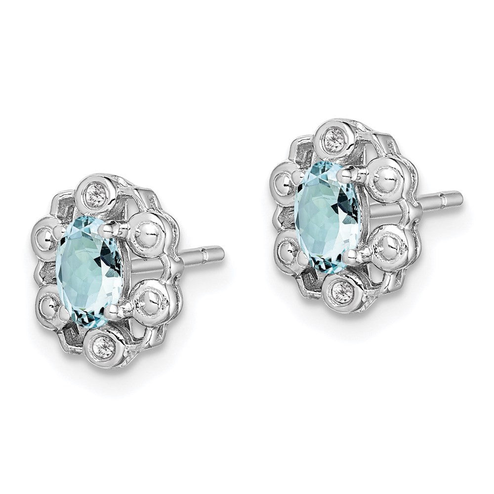 Sterling Silver Rhodium-plated Aquamarine & Diam. Button Stud Earrings