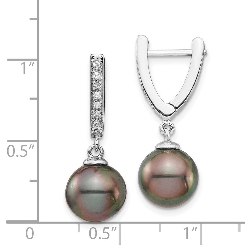 14k Gold 10mm Black Tahitian Saltwater Cultured Pearl & Diamond Dangle Earrings