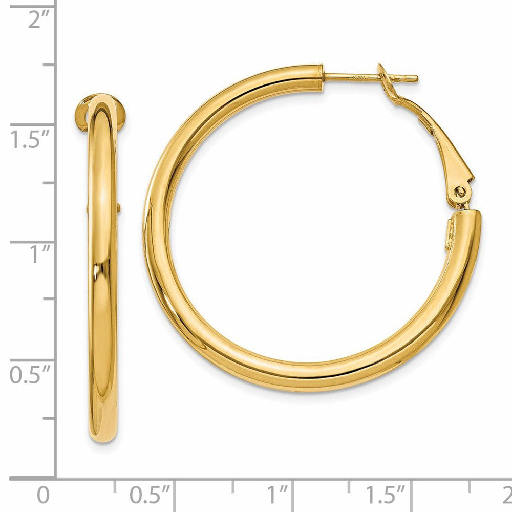 14k Yellow Gold 3x30mm Polished Round Omega Back Hoop Earrings