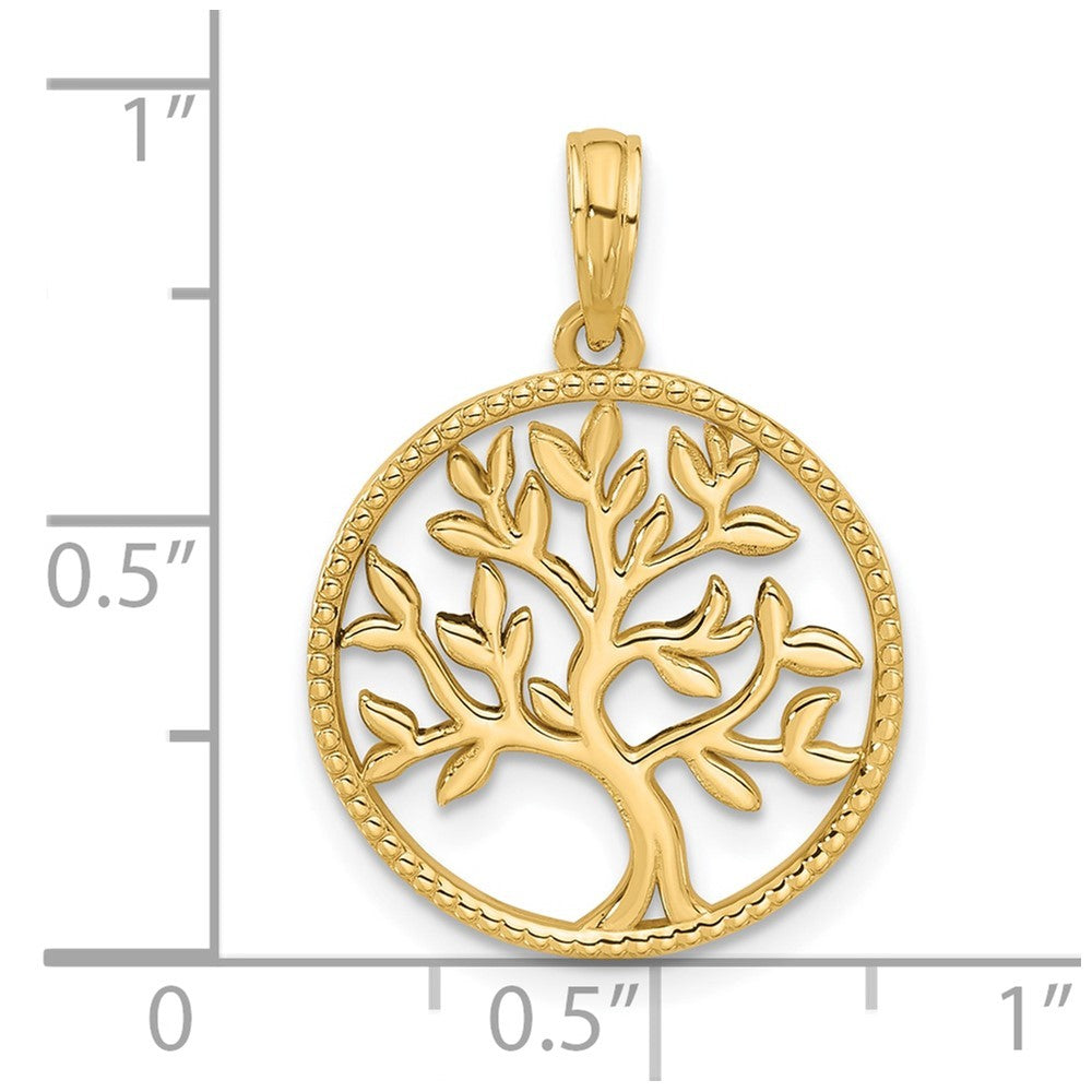 14k Yellow Gold Polished Circle with Tree Charm Pendant
