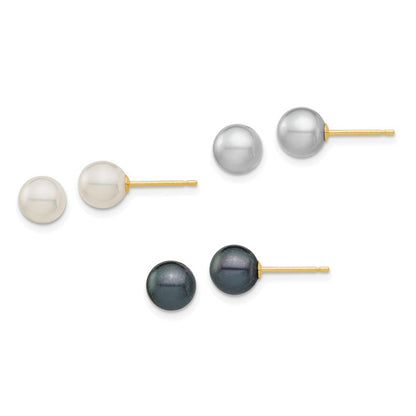 14k Gold White, Grey Black Freshwater Cultured Pearl Stud Earrings 3 Pair Set