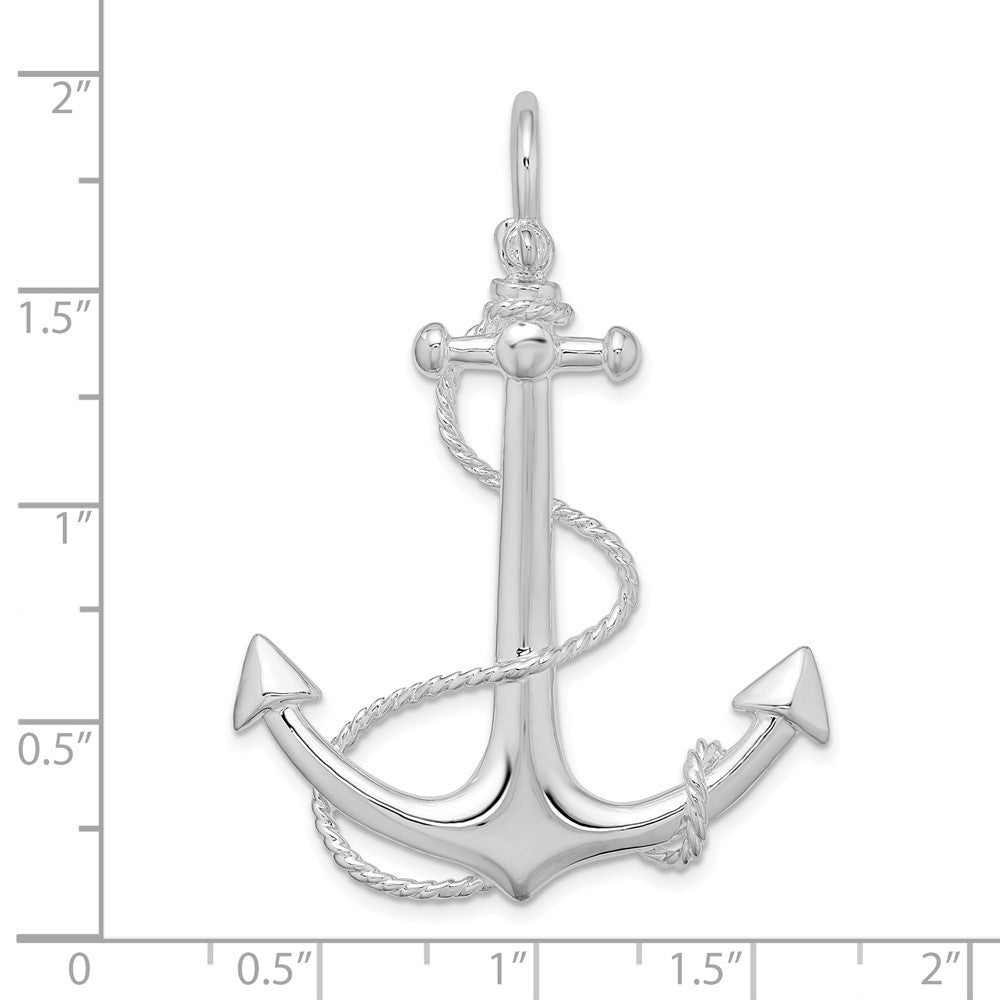 Sterling Silver Rhodium-Plated Polished 3D Anchor with Rope Pendant