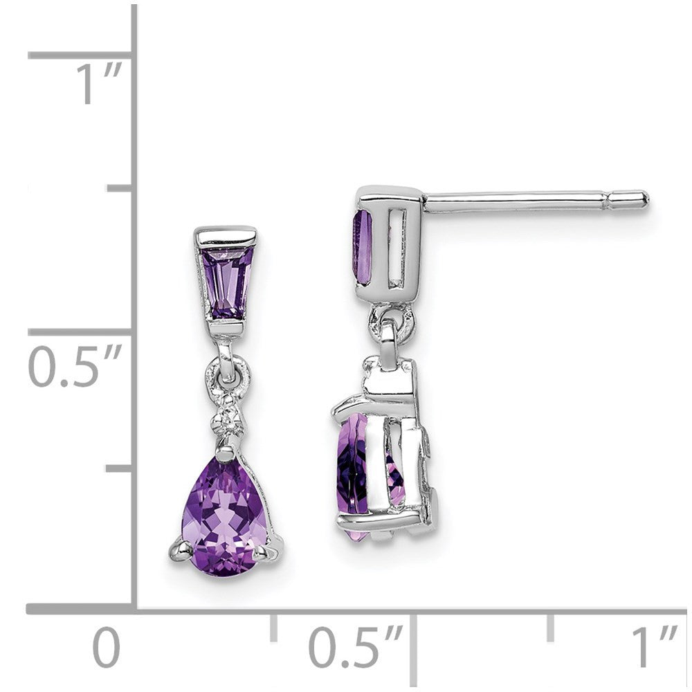 Sterling Silver Rhodium Plated Diamond and Amethyst Dangle Earrings