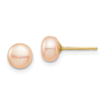 14k Yellow Gold 7mm Pink Button Cultured Pearl Stud Earrings with Silicone Backs
