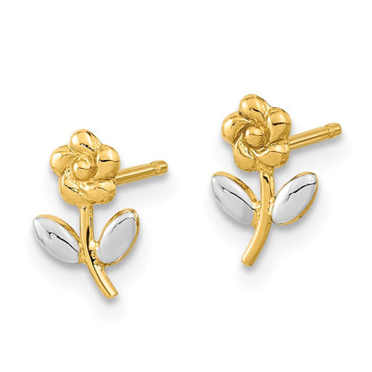 14k Yellow Gold and Rhodium Flower Button Stud Earrings