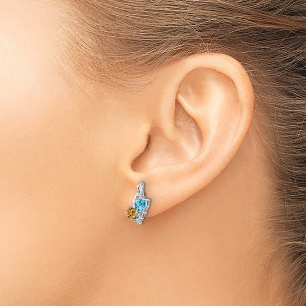 Sterling Silver Rhodium-plated Blue Topaz and Citrine Diamond Dangle Earrings