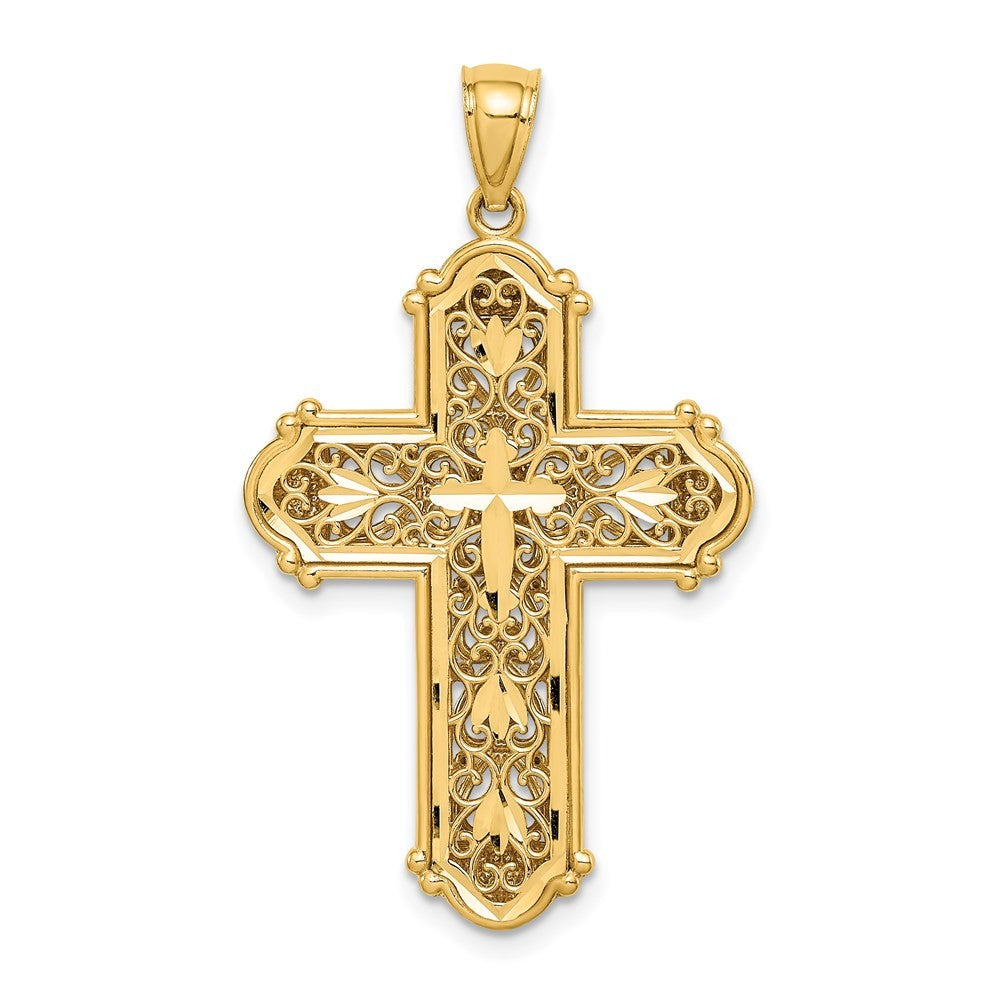14k Yellow Gold White Rhodium Diamond-Cut Reversible Cross Pendant