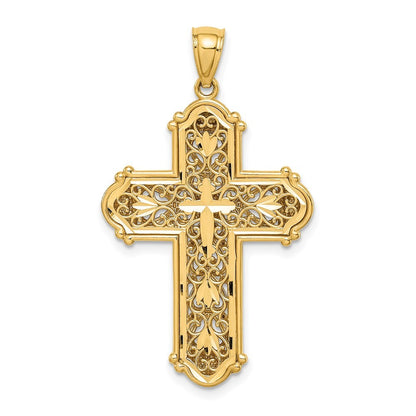 14k Yellow Gold White Rhodium Diamond-Cut Reversible Cross Pendant