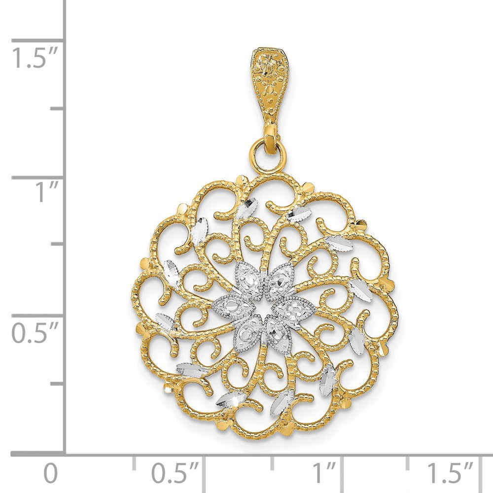 14k Yellow Gold Rhodium Diamond-Cut Scalloped Wave Charm Pendant