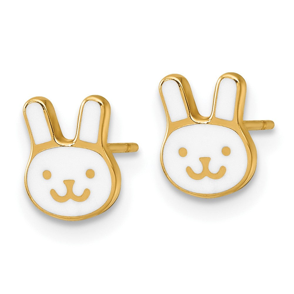 14k Yellow Gold Polished White Enamel Bunny Face Stud Earrings Gift for Women